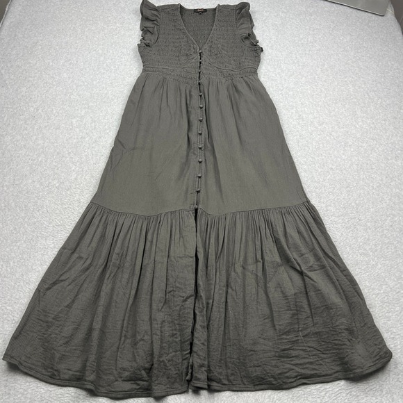 Quince Dresses & Skirts - Quince Dress Womens Medium Charcoal Organic Textured Cotton Smocked V-Neck Midi